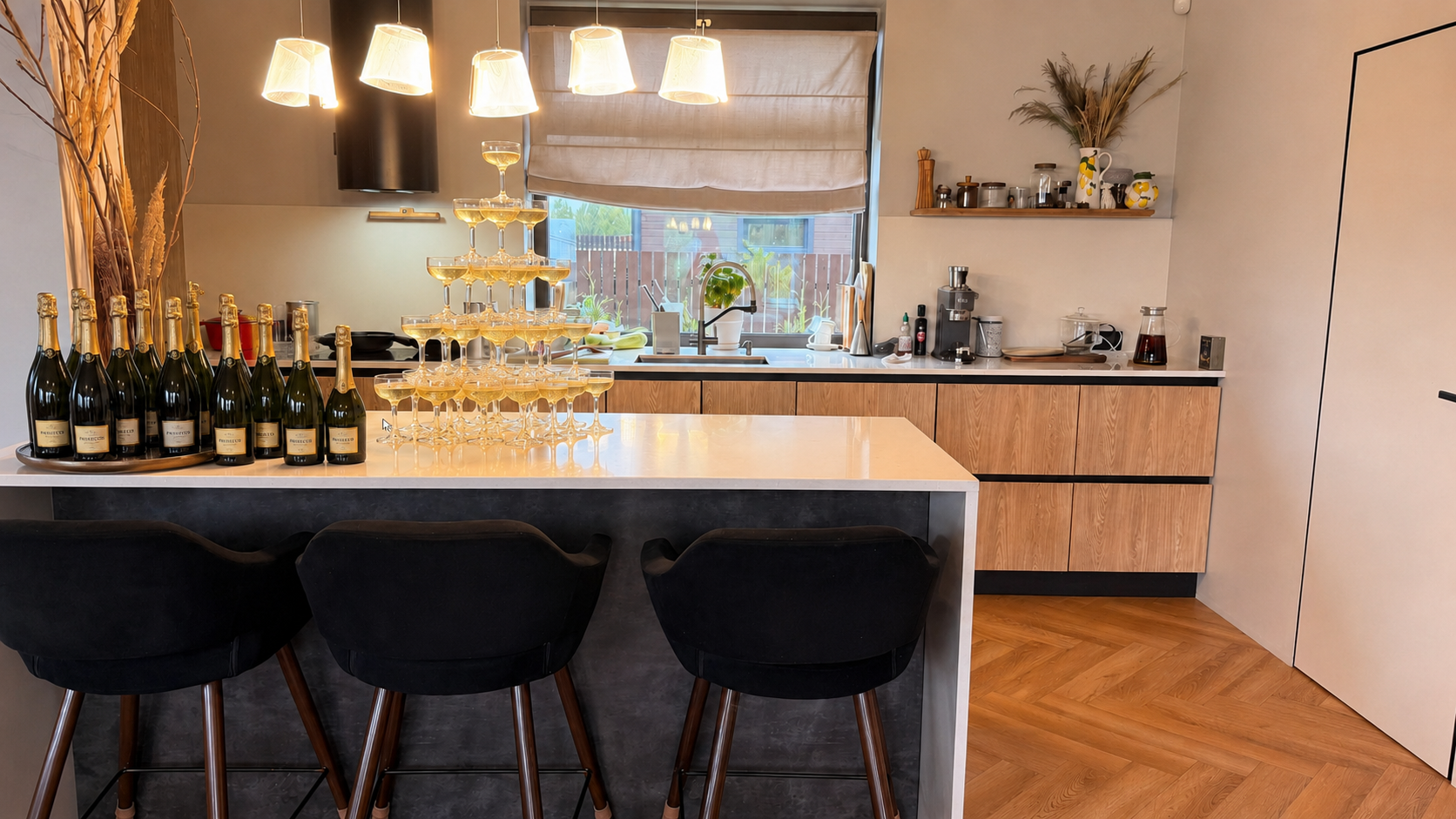 Барная зона с башней бокалов Prosecco